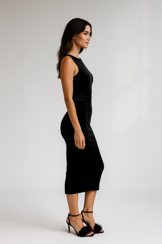 Czarna aksamitna sukienka midi bez rękawów